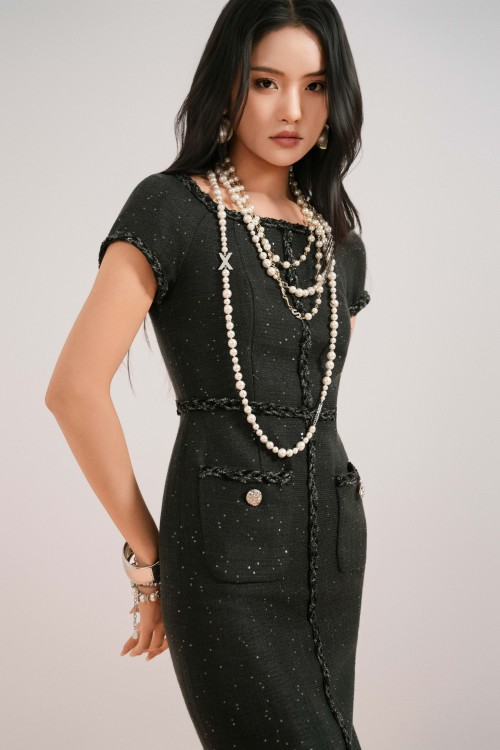 Sixdo Black Tweed Loose Dress